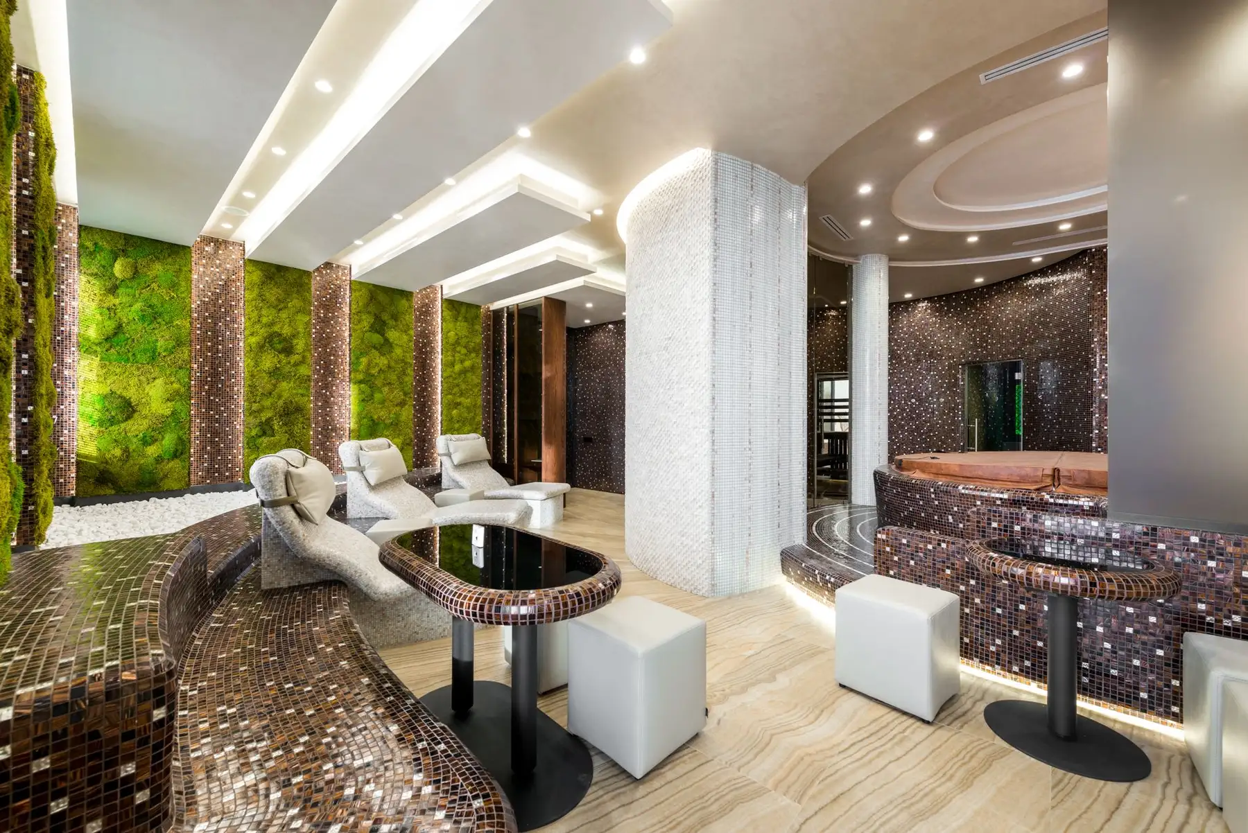 Premium clinic interior with floating treatment and booking cards