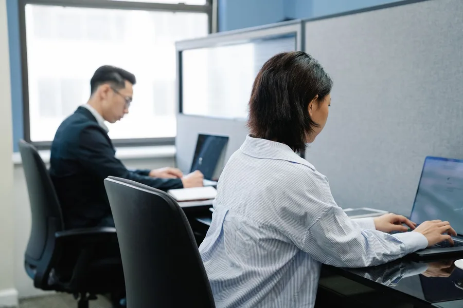 Split employer and candidate narrative with professional portraits