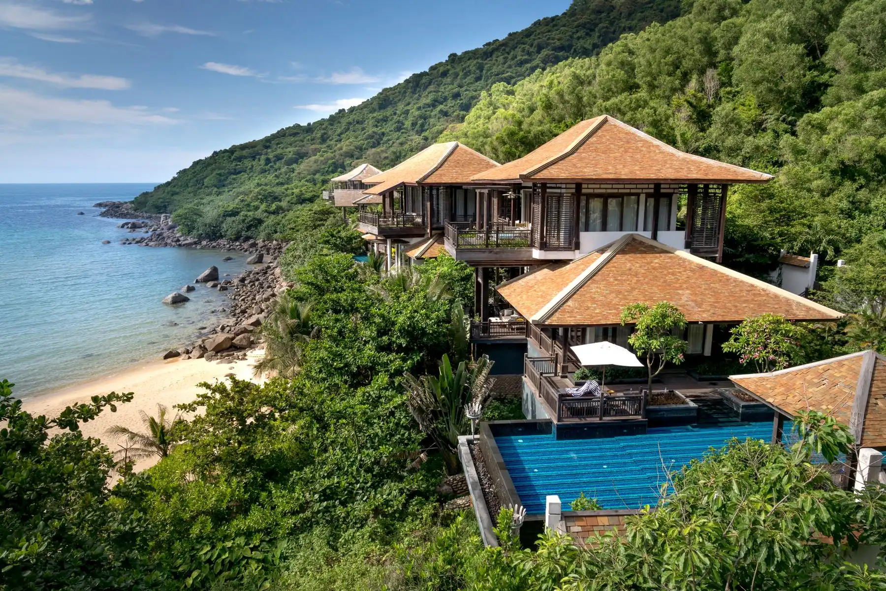 Cinematic resort property with a floating booking search bar