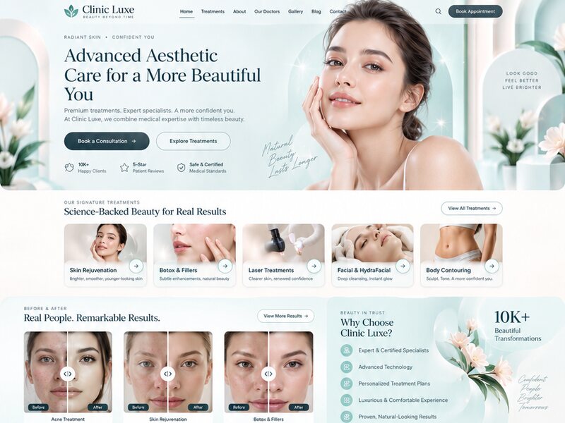 Không gian phòng khám cao cấp với các thẻ dịch vụ và đặt hẹn nổi