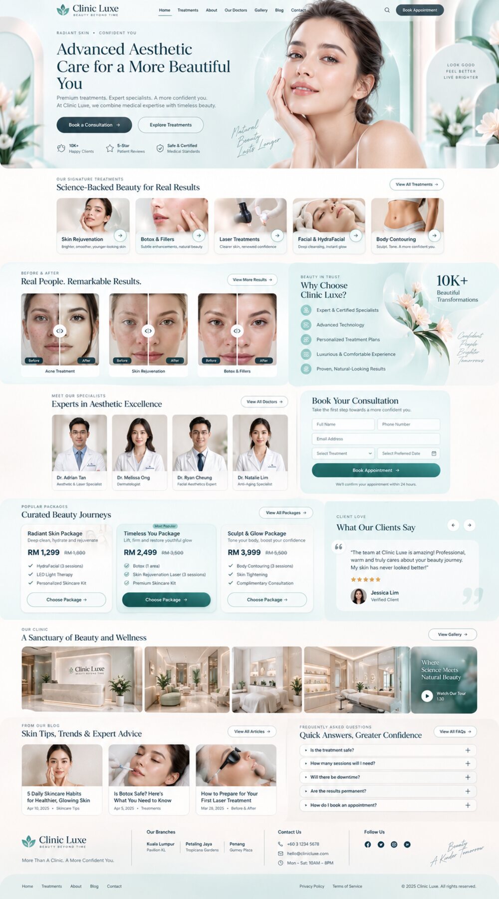 Premium clinic interior with floating treatment and booking cards