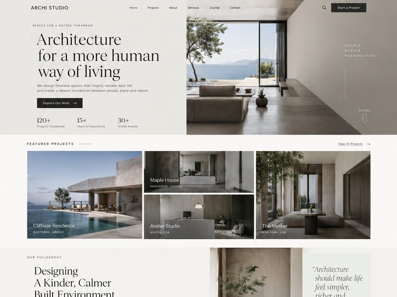 Ảnh kiến trúc tràn viền với typography khổ lớn