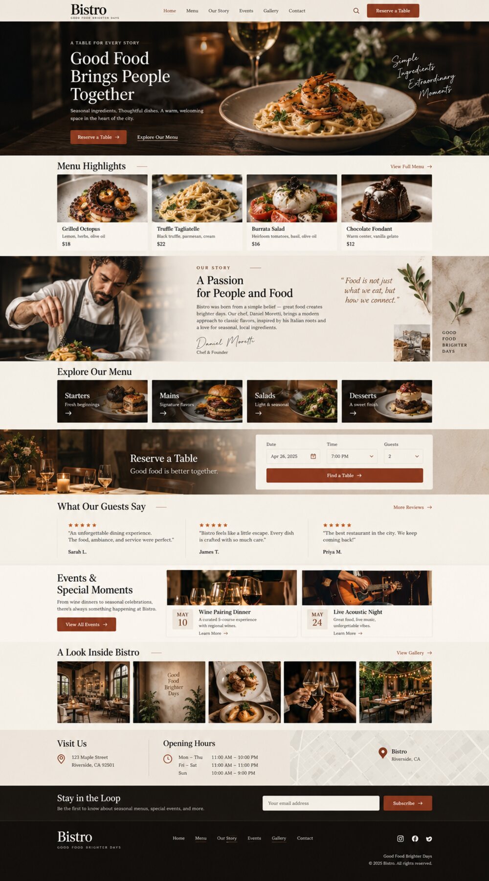 Low-light restaurant interior with a plated signature dish in focus