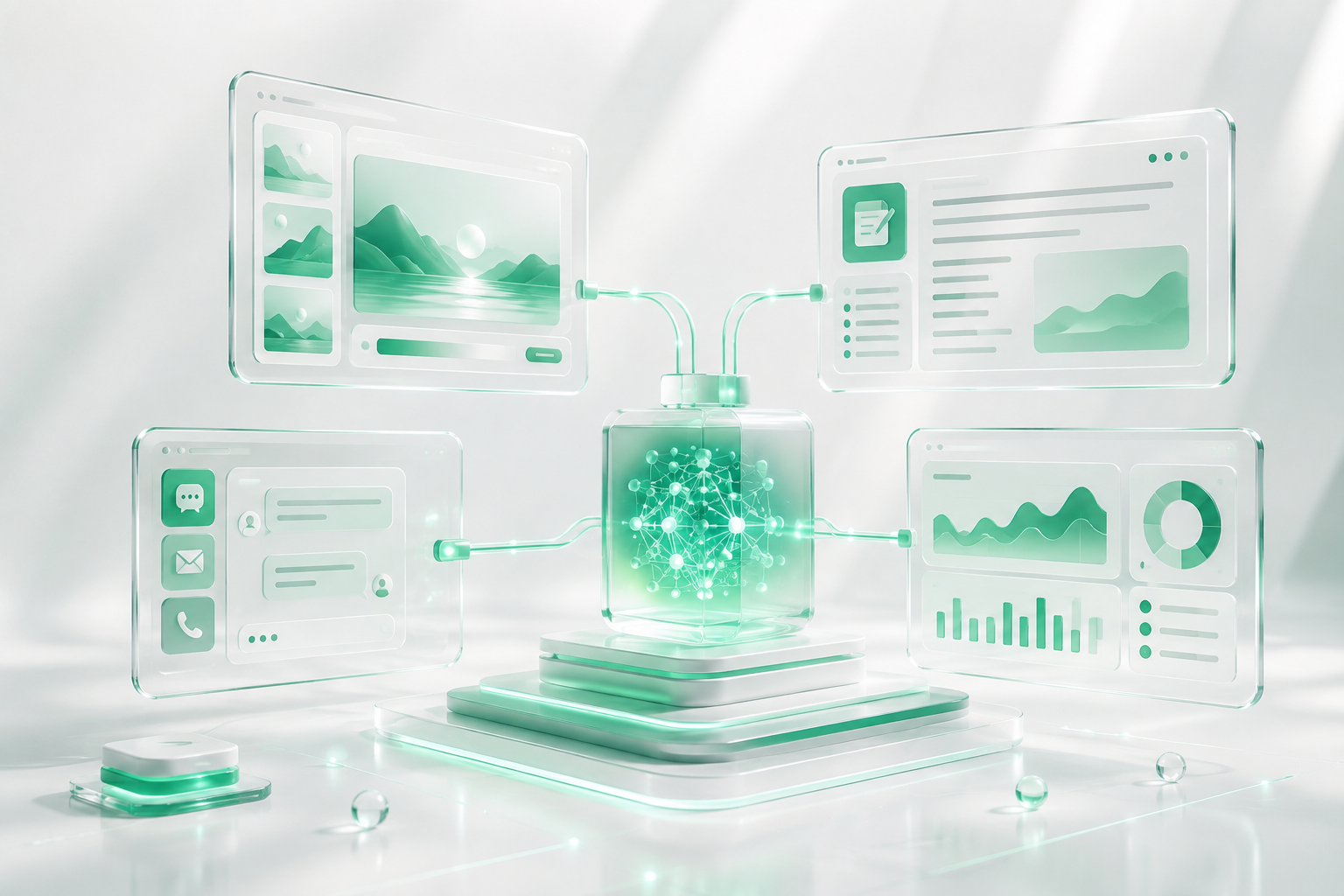 Web Delivery Lab AI feature suite illustration with image generation, content writing, chatbot and operations analytics panels