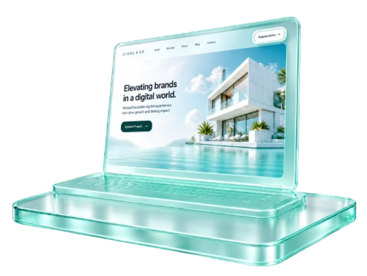 Web Delivery Lab glass laptop illustration with floating operations panels